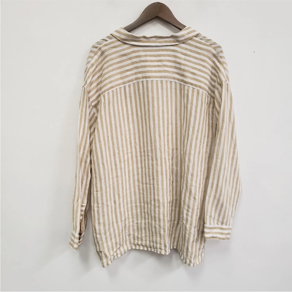 J. Jill Love Linen Tan Stripe Shirt top Long Sleeve Relaxed Fit Coastal Grandma - Picture 3 of 9